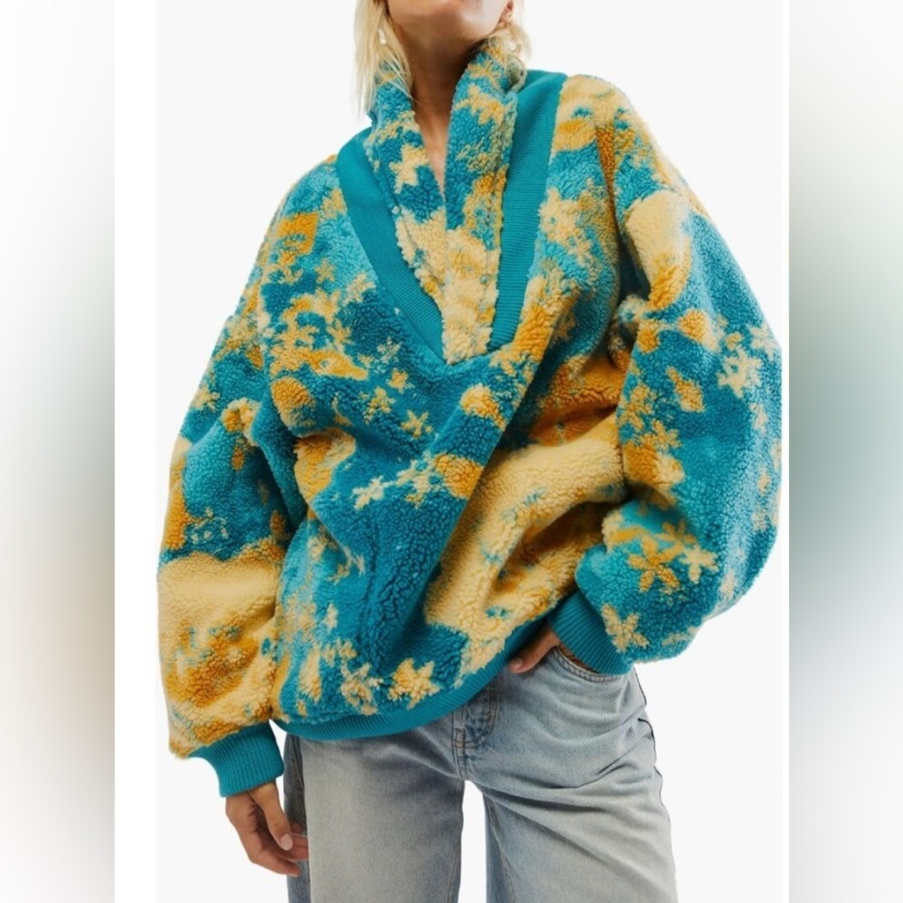 Free People Teal & Yellow Teddy Fleece Jacket